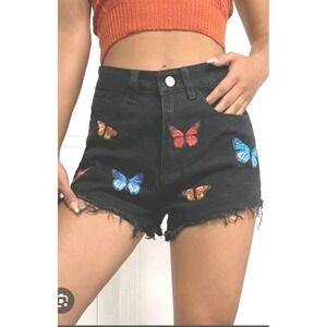 Celestial Boho Hippie Denim Cut Off Tattered Shorts With Butterfly Patches M/28